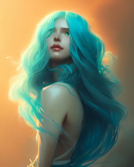 Image similar to portrait of a beautiful girl, flowy turquoise hair, cinematic lighting, highly detailed, digital painting, trending on artstation, pixiv, concept art, sharp focus, illustration, art by ross tran and wlop