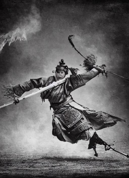 Prompt: old vintage photo of Chinese ancient warrior female team on the complex steam punk hooverboard, extreme sports photography , dynamic photography,clean symmetrical faces, high speed,dirt and grawel flying in the spot, lens flares, dust in the air, dramatic lighting, intricate, highly detailed, centered, smooth, sharp focus, sports photography, old photo, black and white, sepia, cinematic lighting, cinematic angle, national geographic