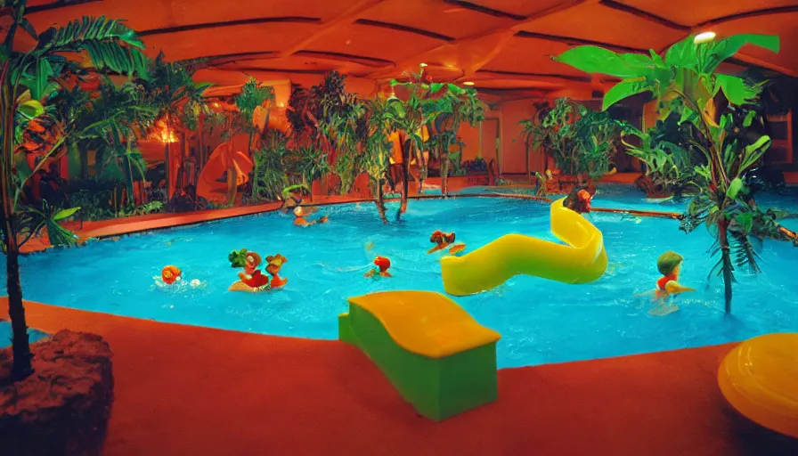 Image similar to 60s movie still of a Super Mario themed indoors swimming pool with plastic super mushrooms, green pipe water slides, plastic palm trees, cheap fluorescent lighting cinestill 800t 50mm eastmancolor, liminal Space style, heavy grain