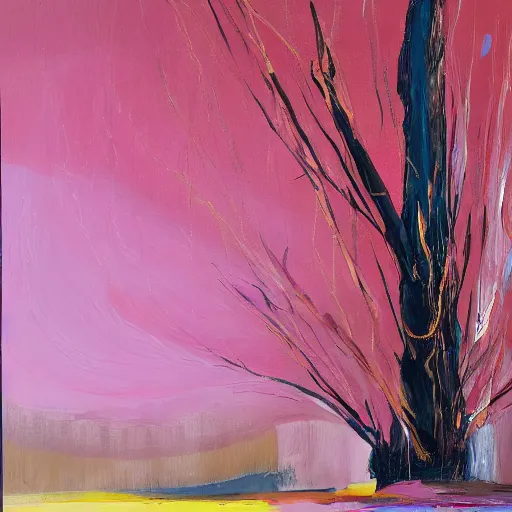 Prompt: _ in _ these _ paintings _ we _ see _ a _ big and tall _ woman in a busy void space with a tree, 8 k, realistic, in the style of ben quilty, edward hooper, minimal pink palette, medium shot, studio light, thick oil paint with brushstrokes of paint, impasto, bright, happy detailed,