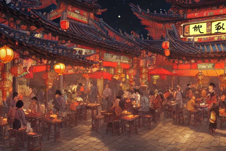 Prompt: fantasy art of a bustling tavern in china, at night, by masamune shirow, highly detailed digital art, trending on artstation