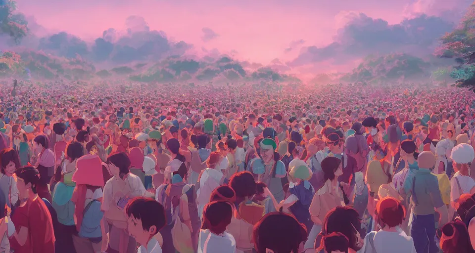 Image similar to a beautiful painting of crowd at an event by studio ghibli, gigantic, octane render, brilliantly coloured, intricate, ultra wide angle, trending on artstation, dusk, volumetric lighting, polished, micro details, ray tracing, 8k