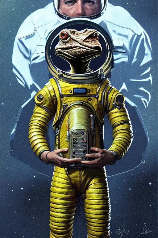 Image similar to a portrait of a muscular anthropomorphic cyberpunk caiman lizard space mechanic in spacesuit armor with ensignia on chest plate by sandra chevrier, by jon foster, detailed render, pistol in holster, tape deck, epic composition, cybernetics, 4 k realistic, cryengine, realistic shaded lighting, sharp focus, masterpiece, by enki bilal