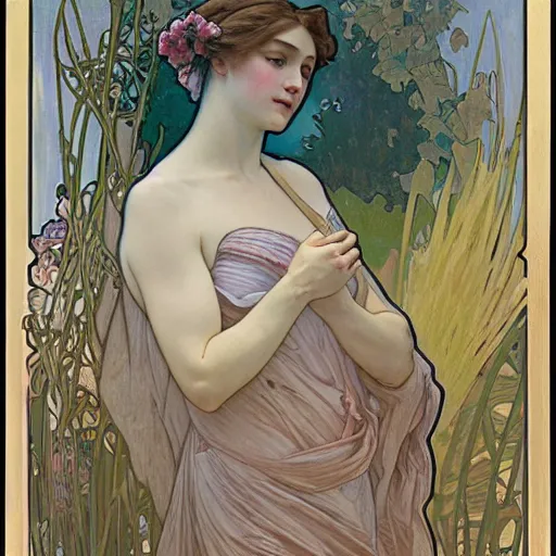 Image similar to tempera composed by alphonse mucha, by meredith marsone, by alexandre cabanel. the sculpture of two lakes in connecticut, with mountains in the distance.