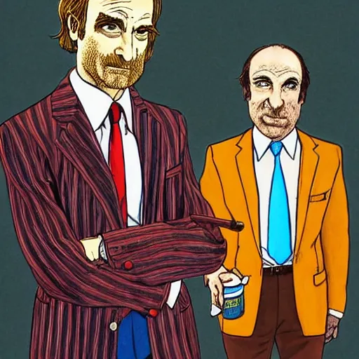 Prompt: The Artwork of R. Crumb and his Cheap Suit Saul-Goodman-Better-Call-Saul, pencil and colored marker artwork, trailer-trash lifestyle