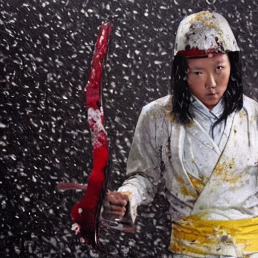 Image similar to film still of justin sun from kill bill, blood spattered chainsaw bride