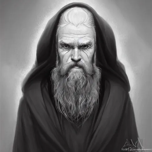 Prompt: old male archmage, head shot, portrait, no eyebrows, piercing gaze, black robes, long short red beard, short white hair, all black eyes, black horn, D&D, fantasy, intricate, elegant, highly detailed, digital painting, artstation, concept art, smooth sharp focus, illustration, art by artgerm and greg rutkowski and alphonse mucha.