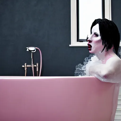 Image similar to marilyn manson taking a bubble bath, rubber ducky on the ledge of the bathtub, pink bubbles floating in the air, farmhouse style bathroom, 4 k,