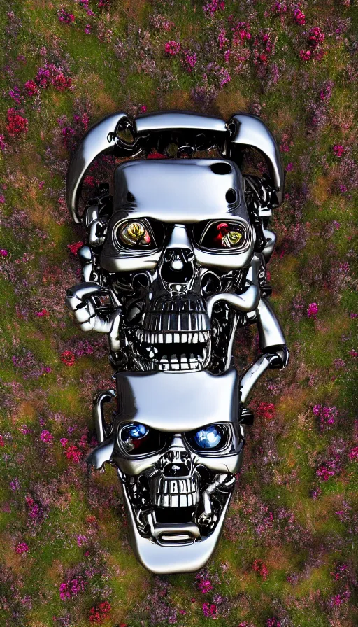 Image similar to destroyed terminator lying in a field of flowers, twisted metal, chrome, reflections, anthropomorphic, photorealism, smoke, metal, 8 k, surreal, wires, smooth, sharp focus, top view, extremely detailed, hyperrealism, elegant, establishing shot, by jeff koons, artgerm and greg rutkowski