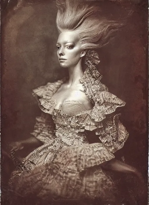 Image similar to old wetplate daguerreotype portrait of a futuristic silver armored marie antoinette cyborg, fractal, intricate, elegant, highly detailed, subsurface scattering, by jheronimus bosch and greg rutkowski and louis jacques mande daguerre