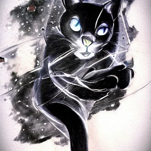 Image similar to black cat is fallling in space. the galaxy in the background, sketch for a tattoo