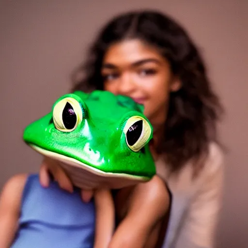 Prompt: FROG WITH THE FACE OF ZENDAYA. 4k PHOTOGRAPHY