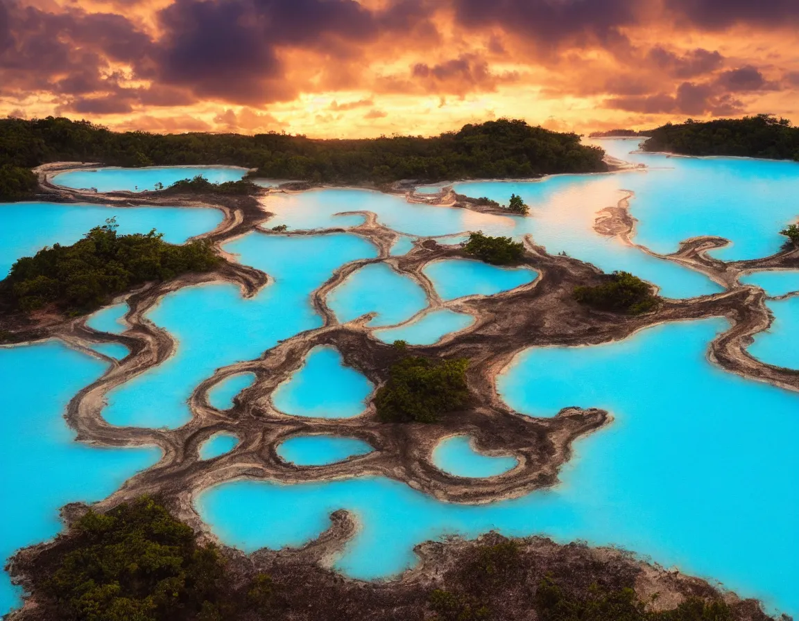 Prompt: closeup shot photo of ultra realistic blue lagoon with exotic tree heart / shaped sandy beach island, sunset lighting