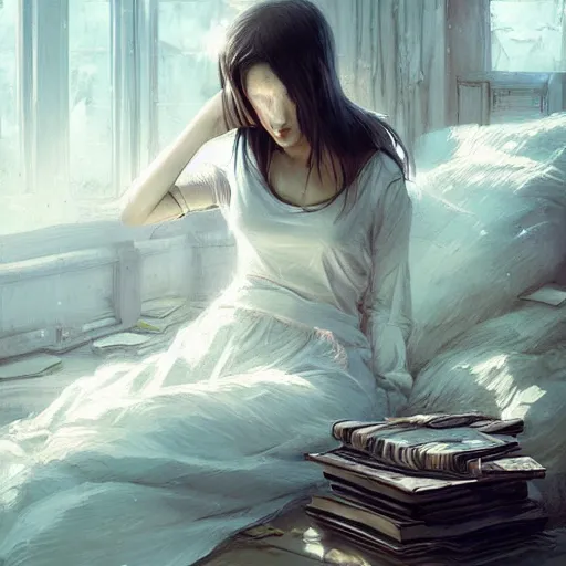 Image similar to awoke to cotton, sweet smell of books, by wlop, artgerm, greg rutkowski