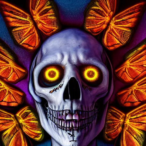 Image similar to a portrait of a skelton with moth wings, highly detailed, digital photo, hdri, by christopher bretz and john carpenter, vivid colors, high contrast, 8 k resolution, intricate, photorealistic, smooth, psychedelic color scheme, concept art, award winning, cg society contest winner