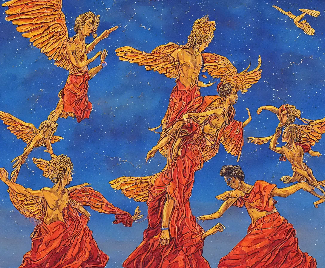 Image similar to two sacred angels fighting in the skies of seattle, gouache, stylised, by mati klarwein and moebius