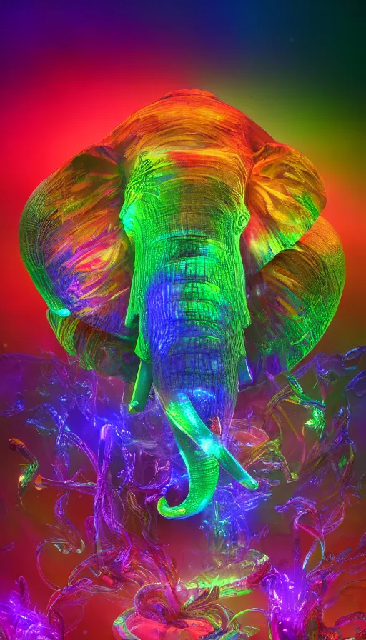 Image similar to 8K UHD Houdini render of crystalpunk mysterywave biocore herbalmancer elephant, background bioluminescent swirling wisps, red yellow green blue smoke gradient palette, volumetric lighting, 18 mm lens