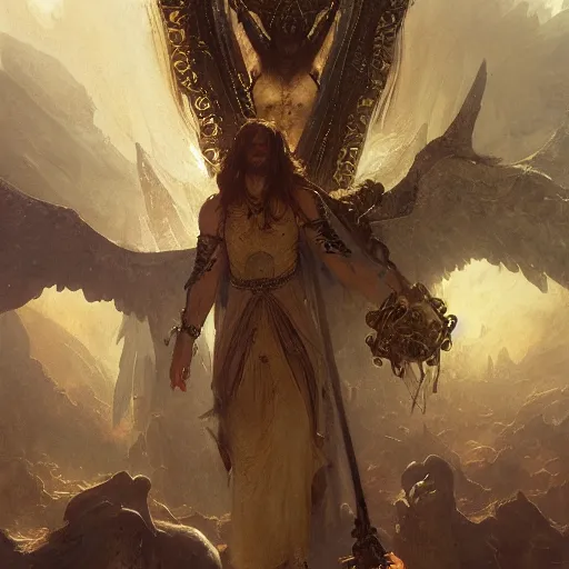 Prompt: book of enoch, angels capture demons with huge chains and send them to hell, by greg rutkowski and oi and mucha and bierstadt, trending on artstation