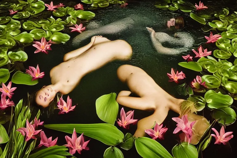 Image similar to hyperrealistic cinematic photograph of a woman's face floating in a pond, surrounded by a forrest of lillies, deep focus, intricate, elegant, highly detailed, matte, sharp focus, photography by bill henson and gregory crewdson and james jean