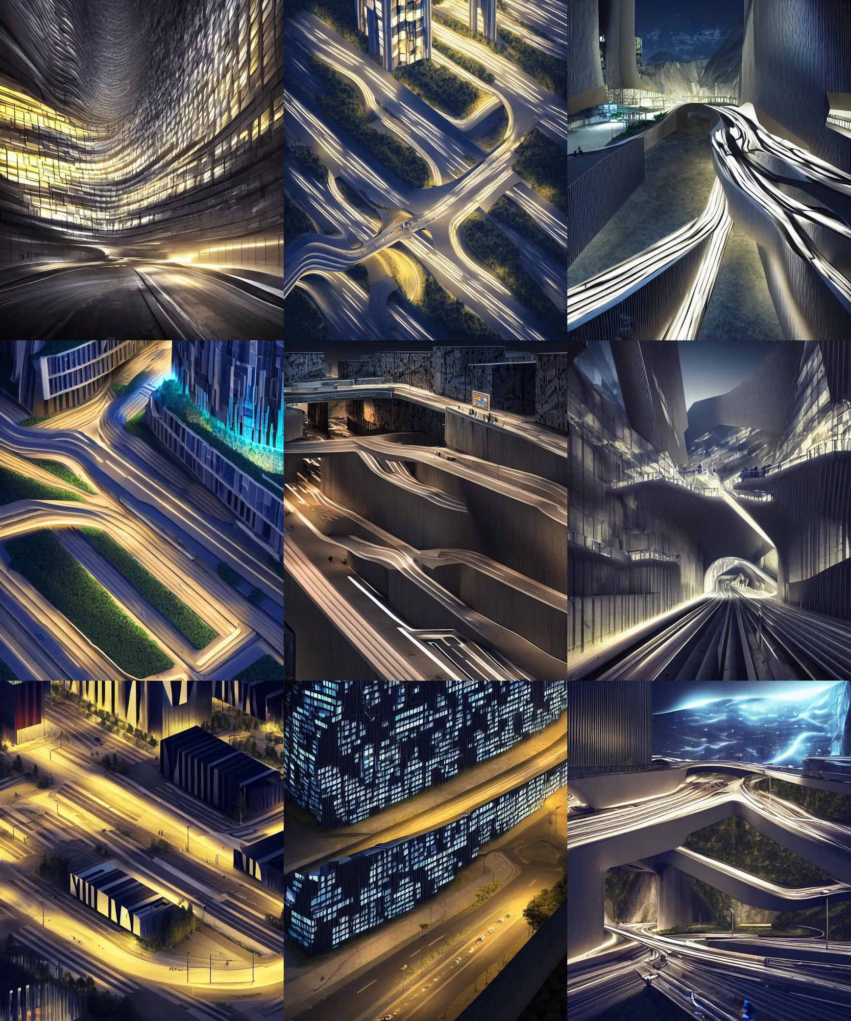 Image similar to maximalism digital art, denis villeneuve establishing shot of modern bjarke ingels condo building and gotthard tunnel entrance combined, roads tunnel under bjarke ingels condo building, lush environment, night lighting, scifi artstation digital concept art, unreal engine, hyper realism, realistic shading, blender render, octane render, wide shot