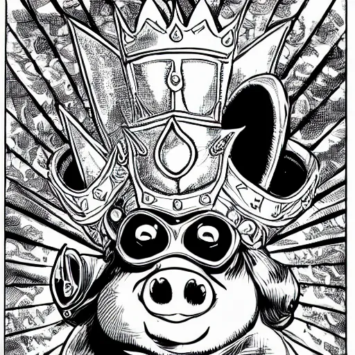 Prompt: detailed lineart comic book drawing of grinning pig wearing a gold crown flying with a cape in the style of jim lee