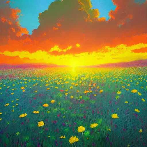 Image similar to who cared, flower field, beautiful sunset on a summer day light, impressionist painting, colorful clouds, blue sky, digital painting, artstation, simon stalenhag