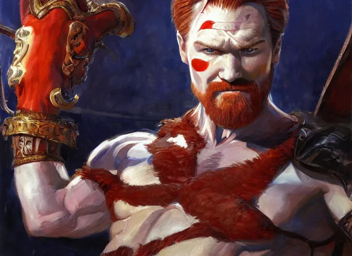 Image similar to a highly detailed beautiful portrait of conan o'brien as kratos, by gregory manchess, james gurney, james jean