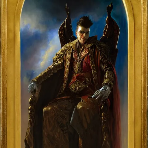 Image similar to perfectly centered portrait of attractive vampire king in a robe sitting on a throne of bones, highly detailed painting by gaston bussiere, craig mullins, j. c. leyendecker, 8 k