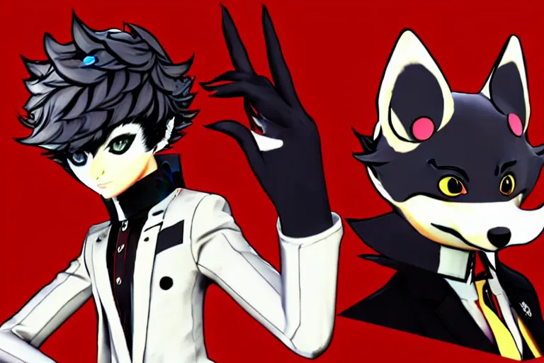 Prompt: in the persona 5 : royal ( by atlus ) video game casino level, a furry male sandcolored tan fox fursona ( has hair ), persona 5 phantom thief style