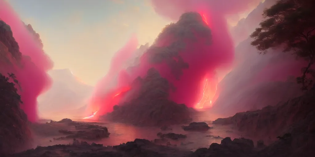 Prompt: a pink volcano flowing through the streets of a ancient greek city, extremely detailed digital painting, in the style of fenghua zhong and ruan jia and jeremy lipking and peter mohrbacher, mystical colors, rim light, beautiful lighting, 8 k, stunning scene, raytracing, octane, trending on artstation