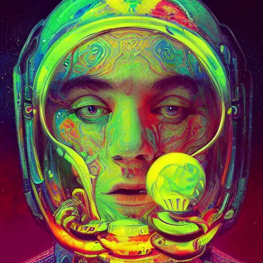 Image similar to An extremely psychedelic experience, colorful, surreal, 🍄dramatic lighting, cosmonaut, LSD, face, detailed, intricate, elegant, highly detailed, digital painting, artstation, concept art, smooth, sharp focus, illustration, art by Sam Spratt, Dan Mumford, Artem Demura and Alphonse Mucha