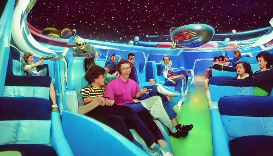 Prompt: 1990s photo of inside the Space Sofa ride at Universal Studios in Orlando, Florida, riding the flying sofa through space , cinematic, UHD