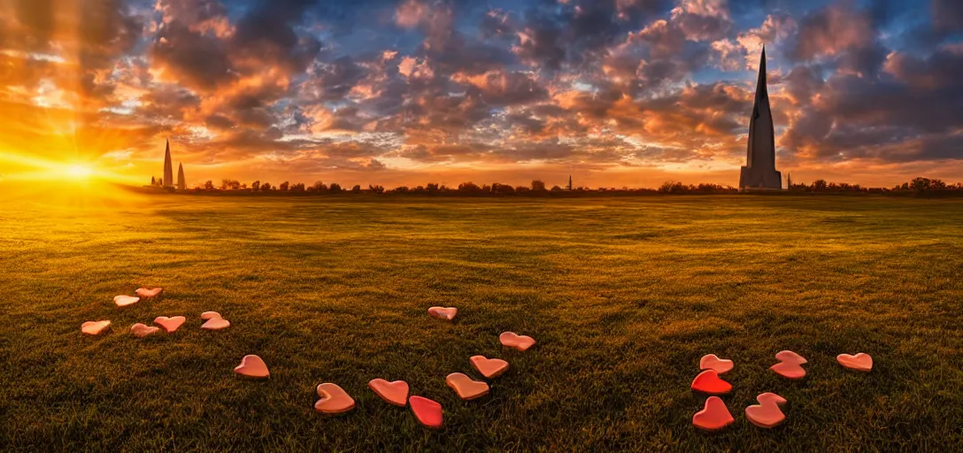 Image similar to a beautiful landscape at sunset with lines of love hearts dancing towards a central spire, nikon d 8 5 0, golden hour, god rays, cinematic lighting