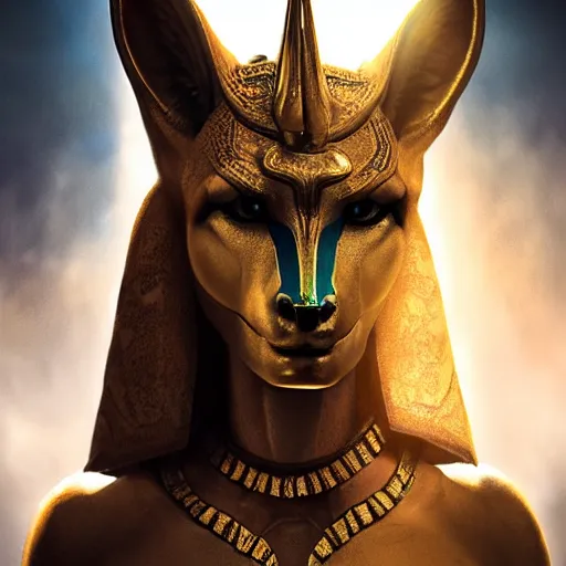 Image similar to Majestic gracious Anubis female warrior portrait, atmospheric lighting, painted, intricate, volumetric lighting, beautiful, rich deep colors masterpiece, golden hour, sharp focus, ultra detailed, by Leesha Hannigan, Ross Tran, Thierry Doizon, Kai Carpenter, Ignacio Fernández Ríos