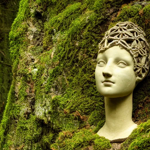 Image similar to a sculpture of a beautiful woman's head as an intricate, delicate tracery of stone, forming a beautiful ancient monument, slowly being covered by moss and lichen