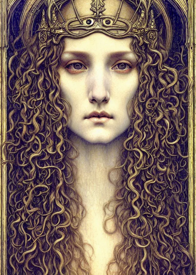 Image similar to detailed realistic beautiful young medieval queen face portrait by jean delville, gustave dore and marco mazzoni, art nouveau, symbolist, visionary, gothic, pre - raphaelite. horizontal symmetry