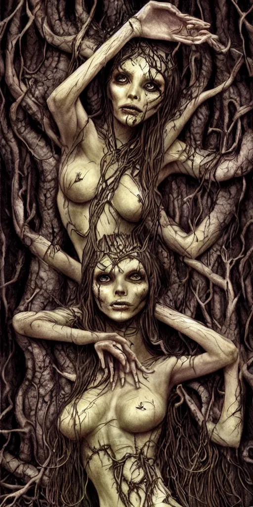 Image similar to dryads, bark skin, detailed fantasy art, dark blood horror, forest of the dead, foul spirits