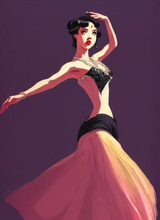 Image similar to a beautiful dancer with black hair in 1930's fashion, ballroom background, intricate, highly detailed, digital painting, artstation, official media, anime key visual, concept art, rich vivid colors, ambient lighting, sharp focus, illustration, art by Artgerm, Makoto Shinkai, Ilya Kuvshinov, Lois Van Baarle, and Rossdraws