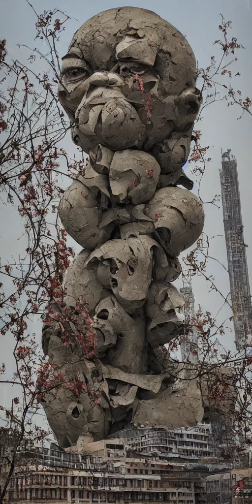 Image similar to colossal grotesque flower proletariat statue made from Lenin heads in the middle of abandoned early soviet constructivist cityscape, Stalinist architecture, ultradetailed by Hayao Miyazaki and Josan Gonzalez and Makoto Shinkai and Giuseppe Arcimboldo and Wes Anderson