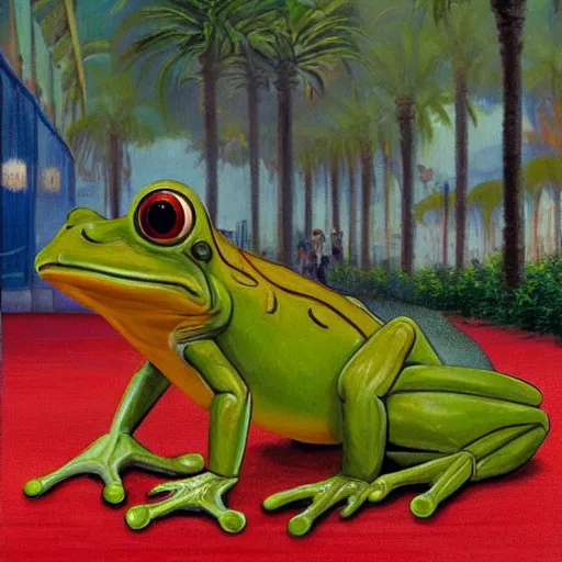 Prompt: painting of a bipedal frog walking down the hollywood walk of fame, palm trees, thomas kinkade, goya