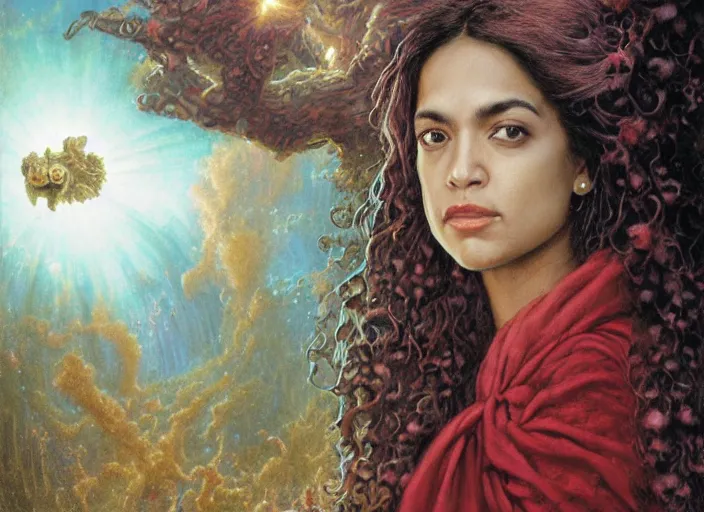 Image similar to Alexandria Ocasio-Cortez staring into the camera, misty wisps, Lilia Alvarado, Sophie Anderson, Mark Arian, Bob Byerley, Charlie Bowater, Mark Brooks, Steve Henderson, Justin Gerard, Arthur Hughes, Edward Robert Hughes, Mark Keathley, Victor Nizovtsev, Carlos Shwabe, Ross Tran, WLOP