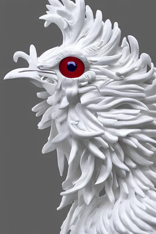 Image similar to full head and shoulders, realistic bjork porcelain rooster sculpture, smooth, delicate facial features, white eyes, white lashes, detailed white, lots of 3 d gold, all white features on a white background, by daniel arsham and james jean