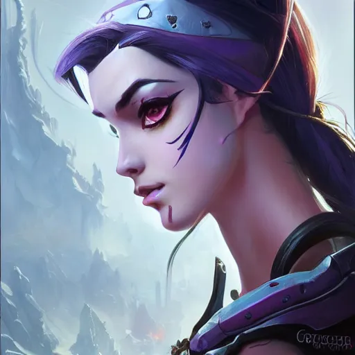 Image similar to Closeup of Widowmaker from Overwatch, D&D, fantasy, intricate, elegant, highly detailed, digital painting, artstation, concept art, matte, sharp focus, illustration, hearthstone, art by Artgerm and Greg Rutkowski and Alphonse Mucha