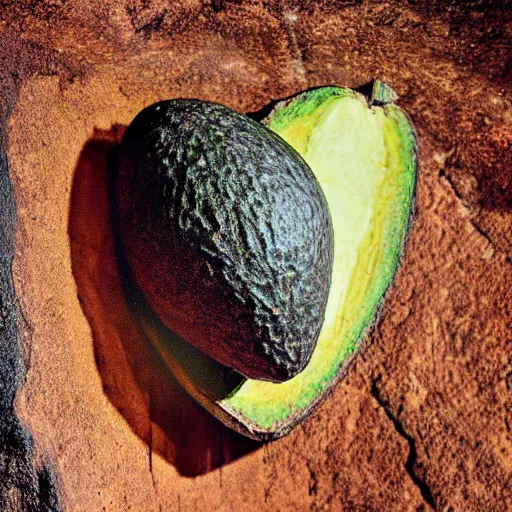 Prompt: realistic photo of a cave painting petroglyph of an avocado inside a heart, parietal art style, inside a cavern, cave painting, sepia colors