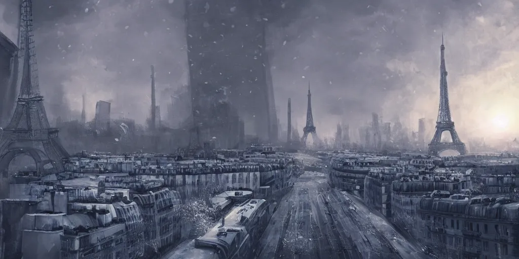 Image similar to nuclear winter, paris, near future, fantasy, sci - fi, hyper realistic, serene morning.