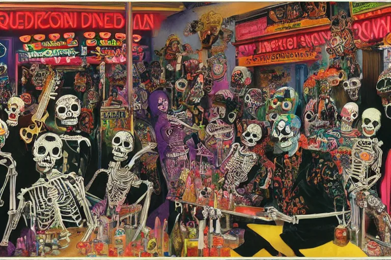 Image similar to scene from amusement arcade, day of the dead, cyber skeletons, queen in black silk in the center, neon painting by otto dix