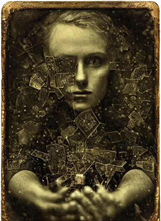 Image similar to old wetplate daguerreotype portrait explosion of data fragments, fractal, intricate, elegant, highly detailed, parallax, leica, medium format, subsurface scattering, by jheronimus bosch and greg rutkowski and louis jacques mande daguerre