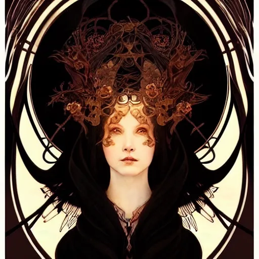 Image similar to A portrait of A beautiful!!!! angel in black flames by Ross Tran!! and alphonse mucha and greg rutkowski! and gustav doré!!,In style of digital art illustration.Symmetry.Highly detailed face.Fantasy,smooth,hyper detailed,sharp focus,Soft light.trending on artstation.4k