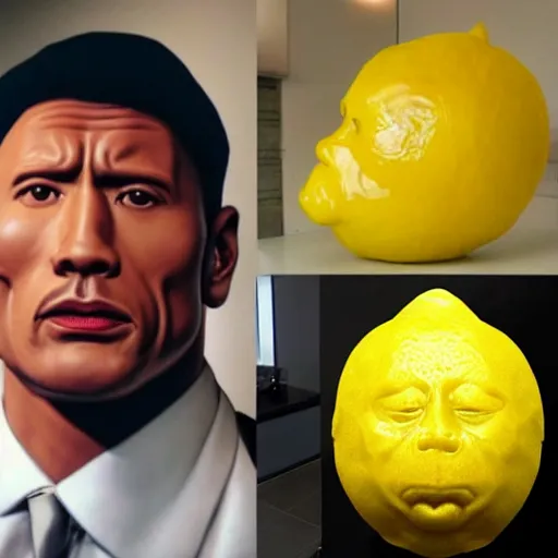 Image similar to a lemon sculpted in the shape of Dwayne Johnson's head