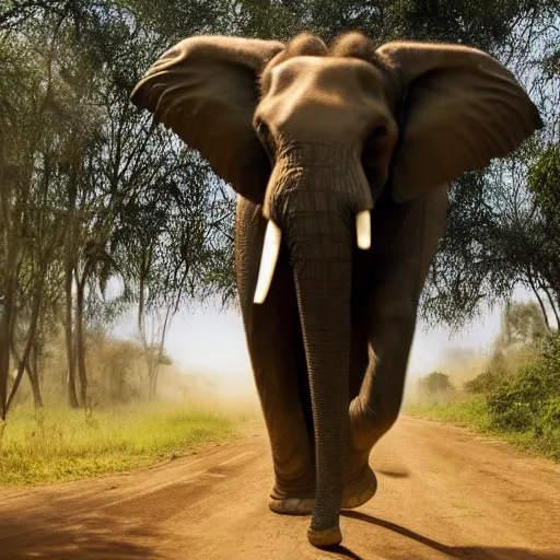 Image similar to film still of matrix, extreme wide shot of an tribal african man riding an elephant alone on the savannah, extreme long shot, 4 k, award winning